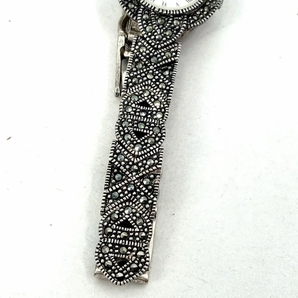 Vintage Anjuli Sterling Silver & Marcasite Womens Cocktail Watch
